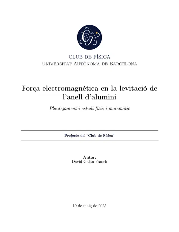 Portada del paperillo «Força electromagnètica en la levitació de l’anell d’alumini» (obre el PDF)