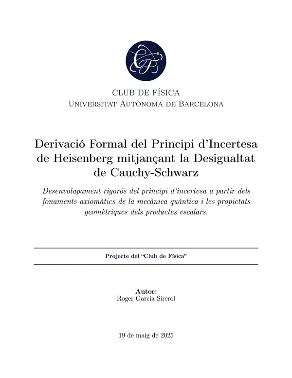 Portada del paperillo «Derivació Formal del Principi d’Incertesa de Heisenberg mitjançant la Desigualtat de Cauchy-Schwarz» (obre el PDF)
