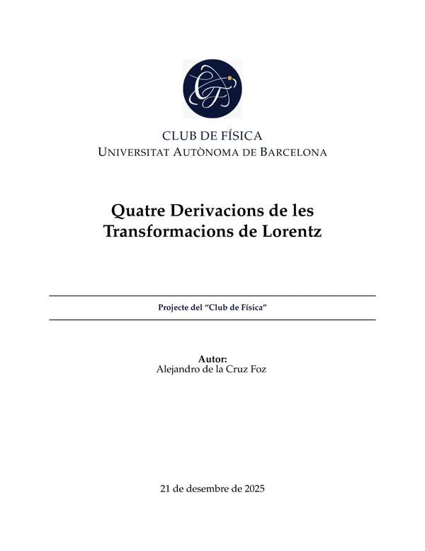 Portada del paperillo «Quatre Derivacions de les Transformacions de Lorentz» (obre el PDF)